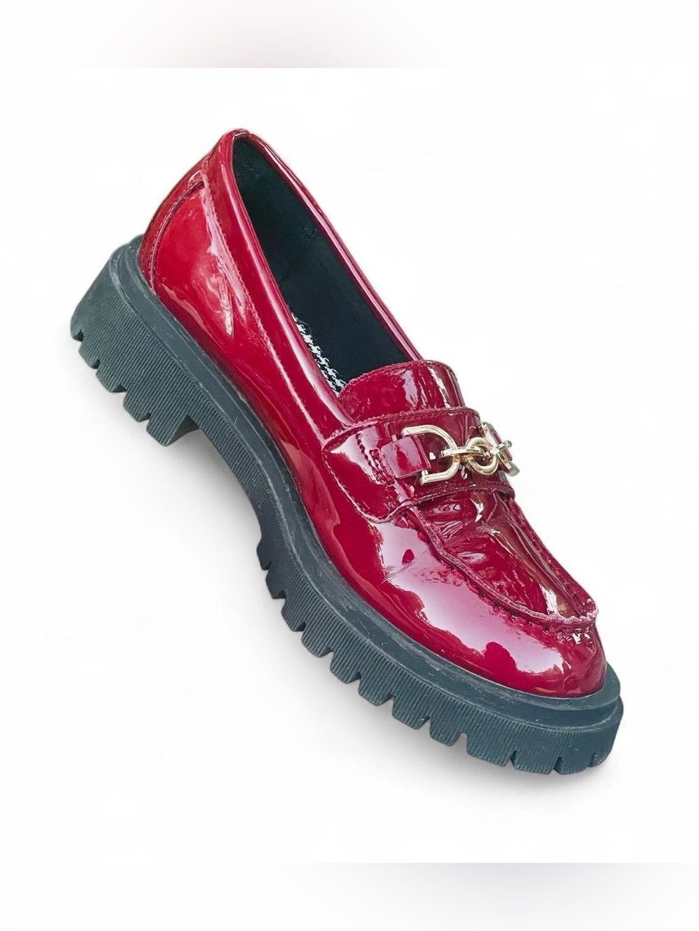 Seychelles Scarlet Red Patent Platform Loafers Gold Horsebit Size 8W